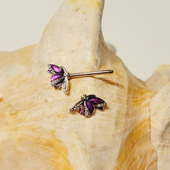 Pair of 14G bunny ends surgical steel nipple bars with pink CZ gems - Picture 3 of 6